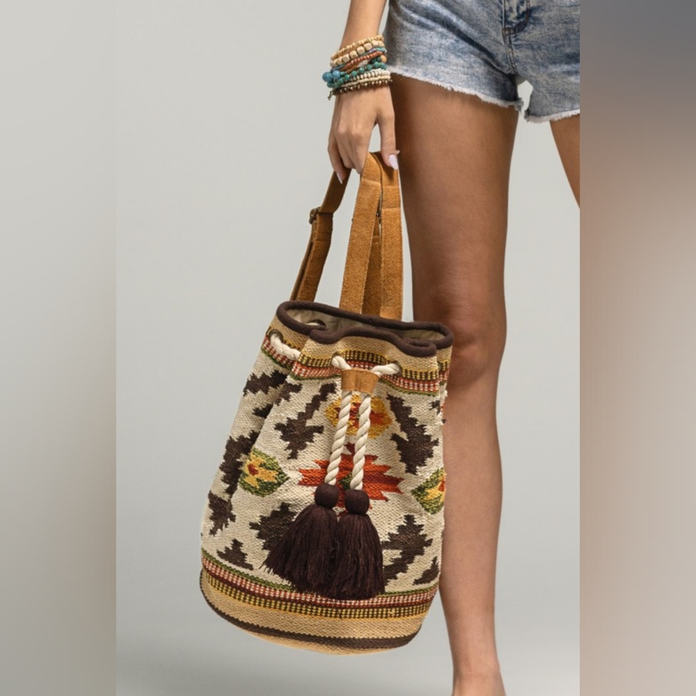Bucket Style Backpack - Boho Ethnic Inspired Navajo Pattern - Handwoven Cotton - Picture 5 of 10